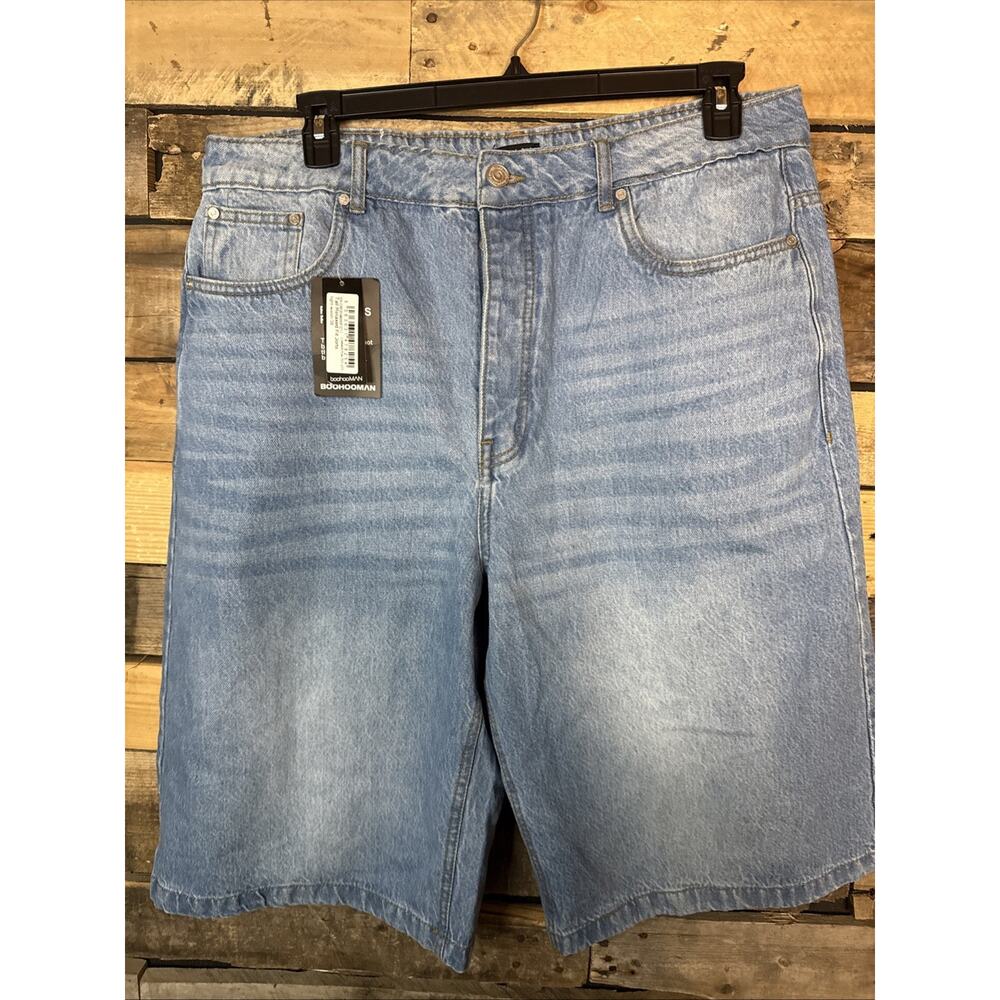 Boohooman Tall Relaxed Fit Jorts, Light Wash, Size 38